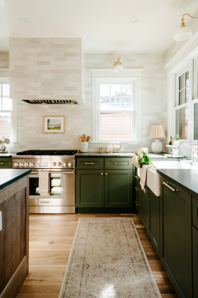 European Style Kitchen with Green Cabinets